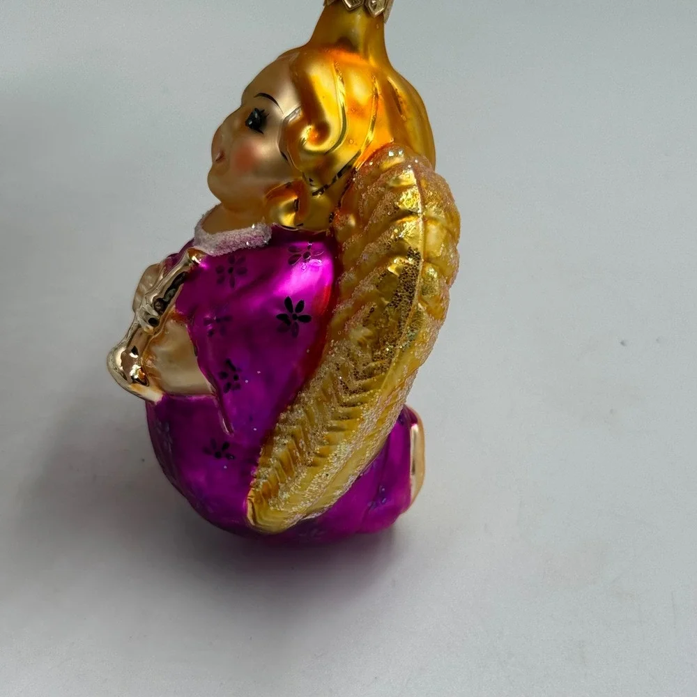 Vintage Glass‎ Angel Christmas Ornament Trumpet Purple Gold West Germany